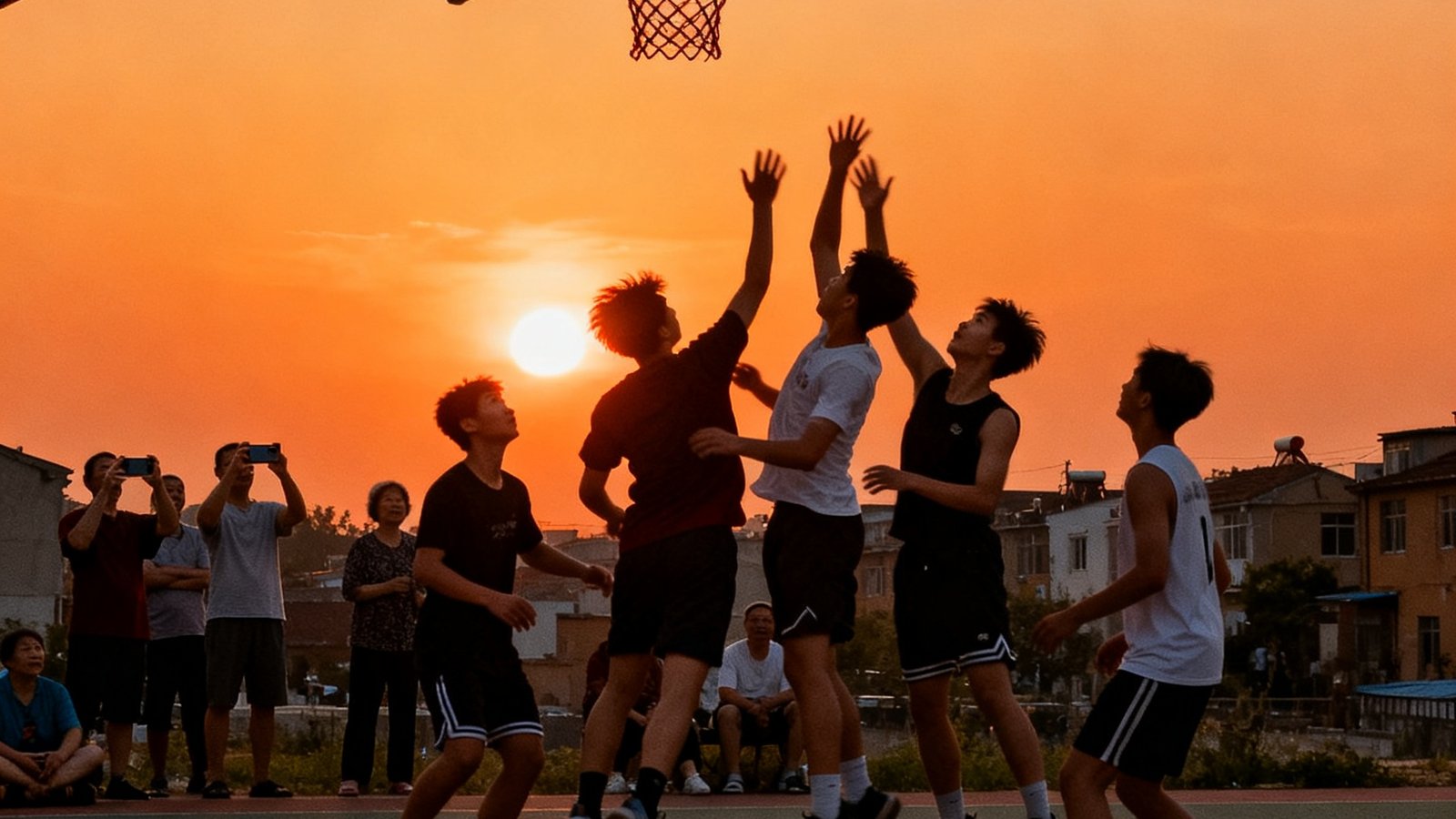 傍晚的社区篮球场上，六位年轻人在橙色夕阳下激烈对抗，篮球即将入筐的瞬间被定格，场边还有观赛的居民举着手机记录。