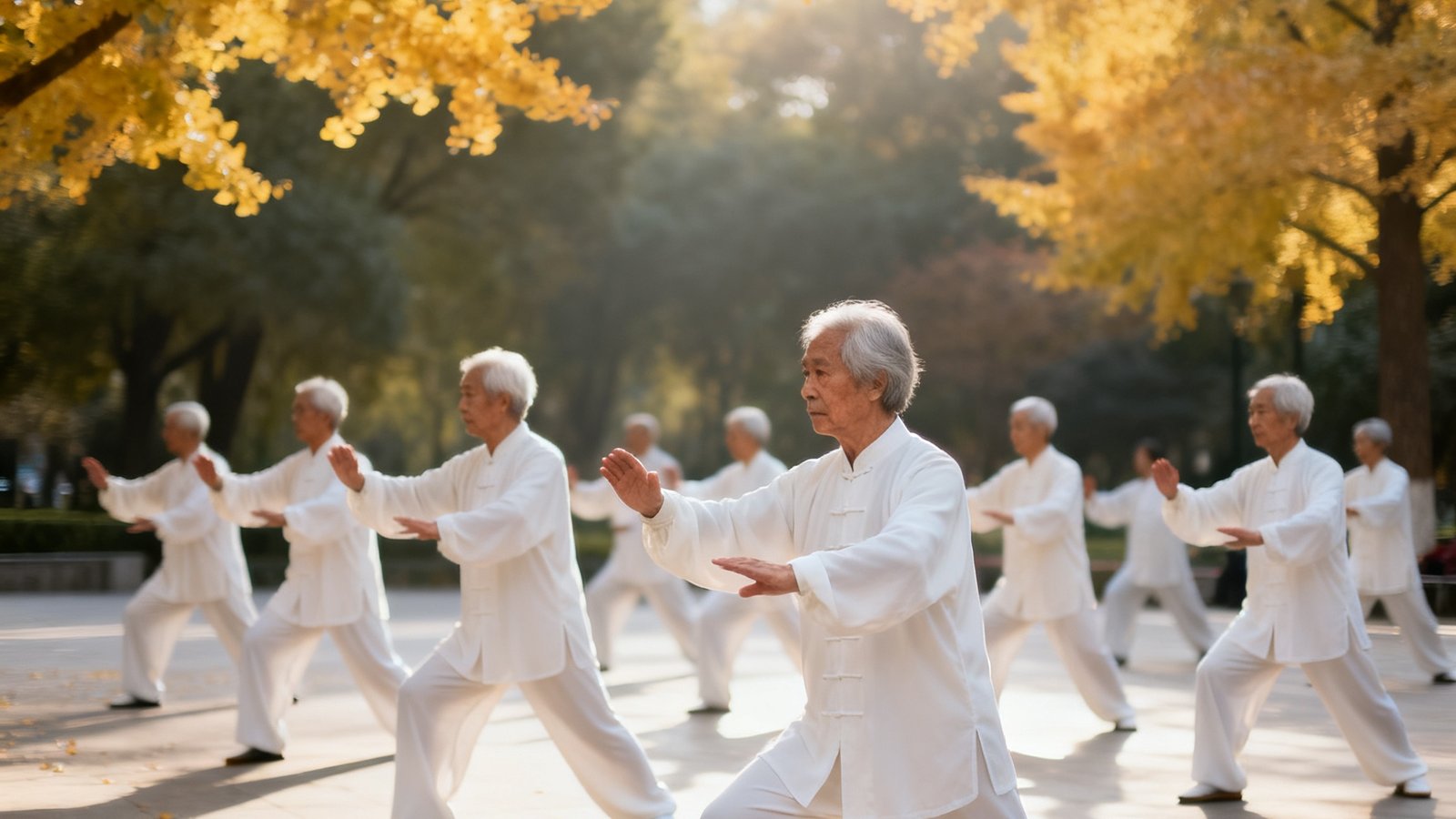 三十余位银发老人在公园广场上整齐地练习太极拳，身着白色练功服，动作舒缓一致，清晨的阳光透过银杏树叶洒下斑驳光影。
