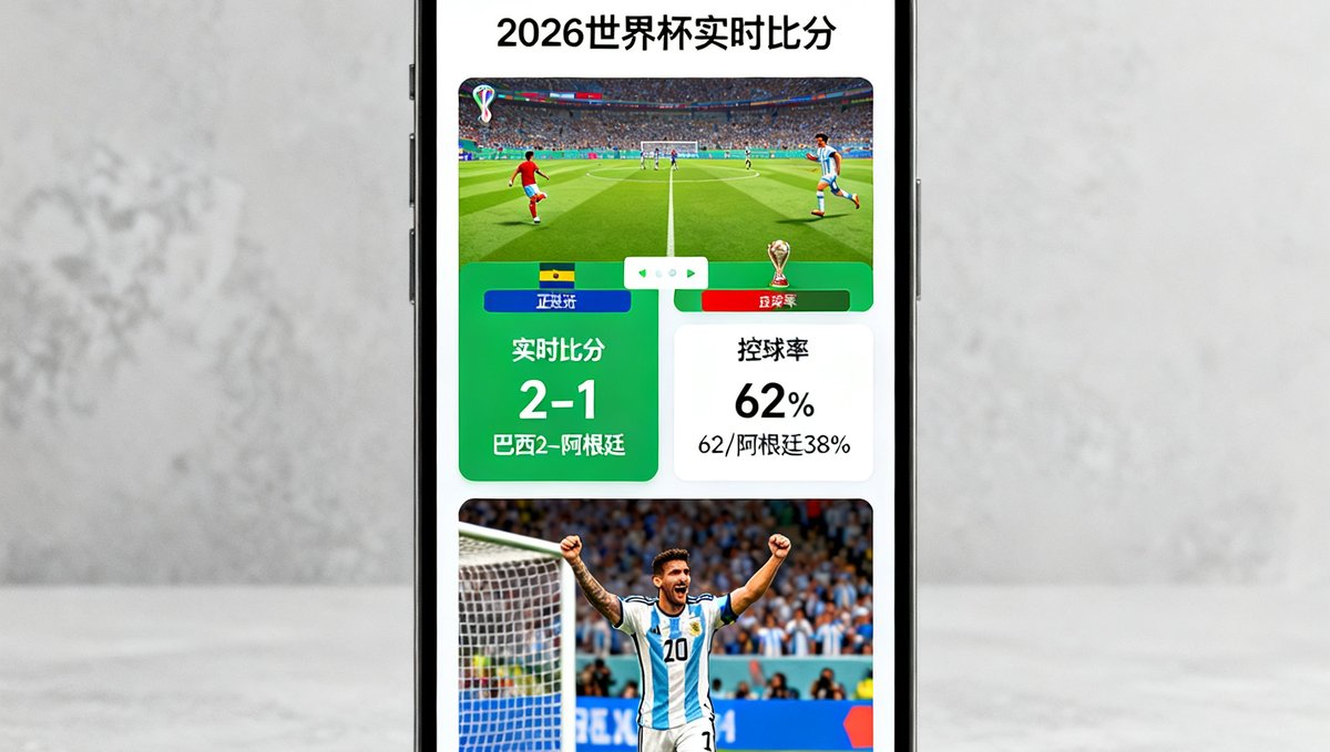 2026世界杯中文官网实时比分推送服务界面展示图，手机屏幕上显示着正在进行的世界杯比赛实时比分、控球率统计和球员进球动画，界面设计简洁直观，信息层级清晰