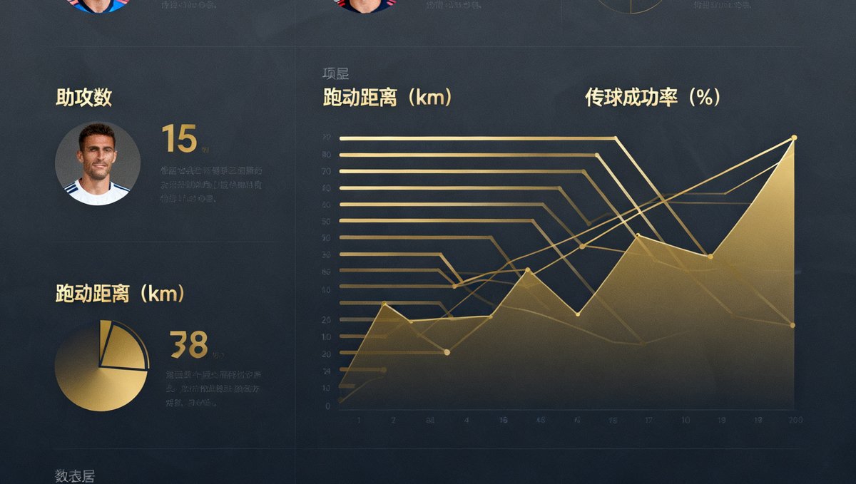 2026世界杯官网球星数据分析仪表盘可视化图表，展示热门球员的进球数、助攻数、跑动距离和传球成功率等多项指标，配色采用深色主题搭配金色数据线条