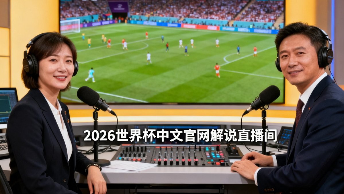 2026世界杯中文官网解说直播间工作场景图，两位中文解说员坐在专业播音台前，背后是大型赛事直播屏幕，营造出专业且亲切的中文观赛氛围