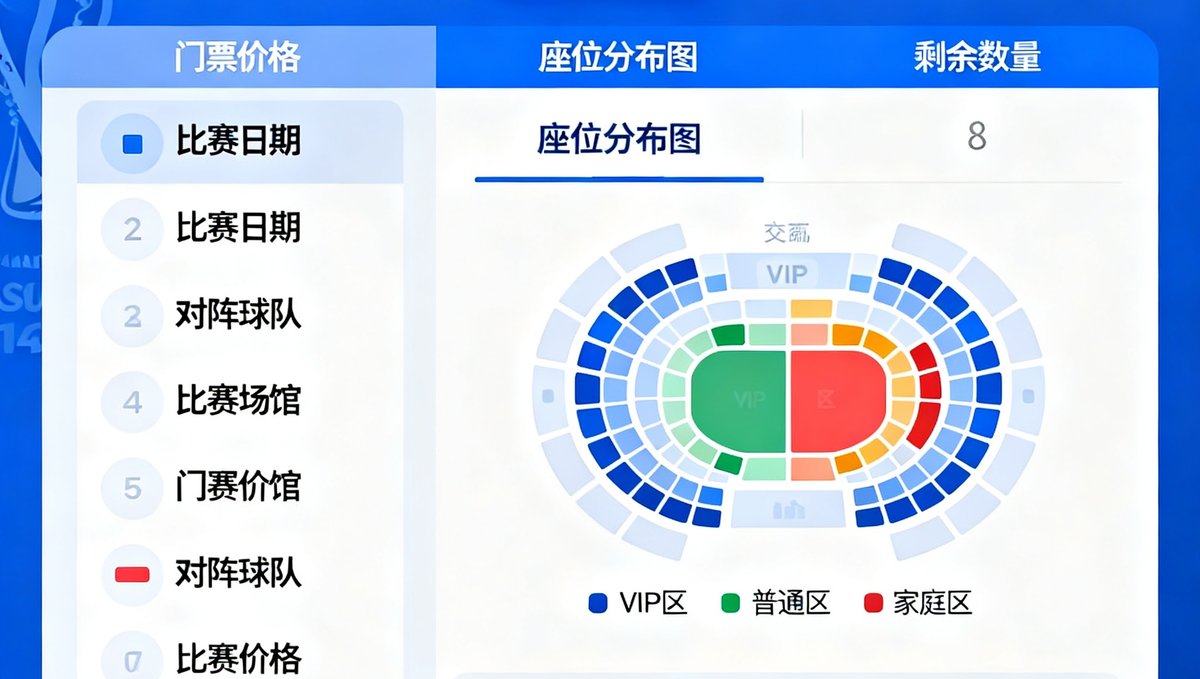 FIFA官方票务平台抽签购票界面示意图，显示2026世界杯各场次的门票价格、座位分布图和剩余数量，界面语言为中文版本