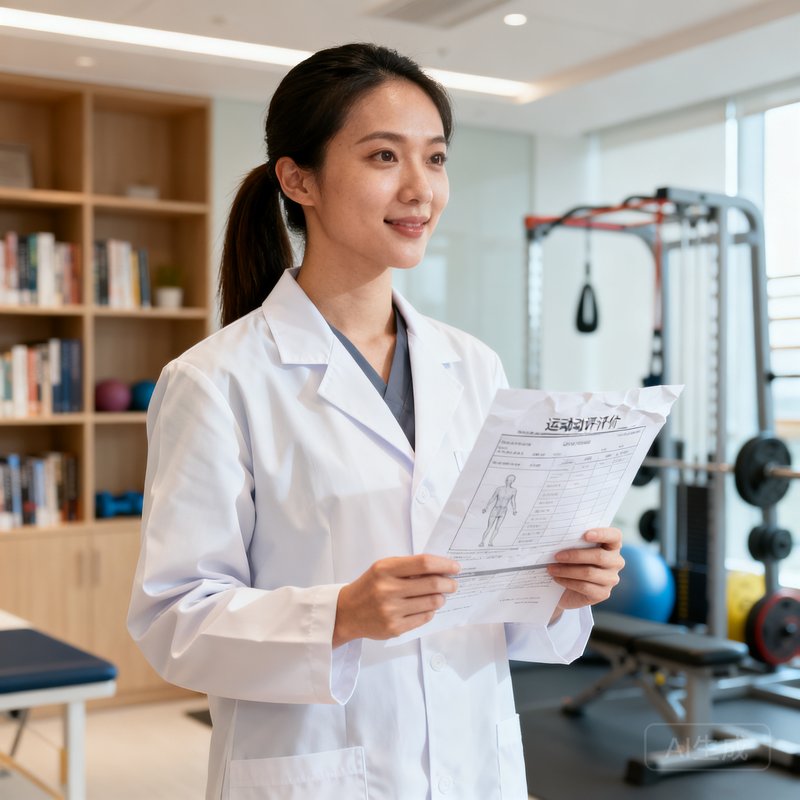 林舒雅——联合创始人兼首席健康官，运动医学博士，扎着利落的马尾辫、身穿白色实验室外套，手持一份运动康复评估报告。